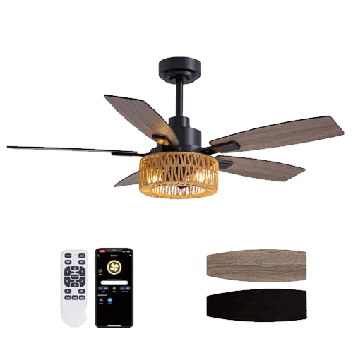LuminFan 46 Inch Boho Black Rattan Ceiling Fans with Lights and Remote Control